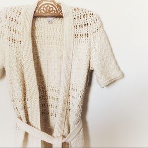 Loft Ivory Crochet Elbow Sleeve Cardigan w/Belt